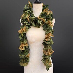 Y2K Ruffled Crochet Scarf Green Earth Tones Boho Grunge McBling Fairy Goblincore